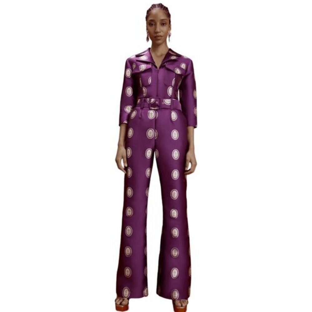 LISOU Jade Dark Purple Cameo Silk Jacquard Jumpsuit SIZE 6